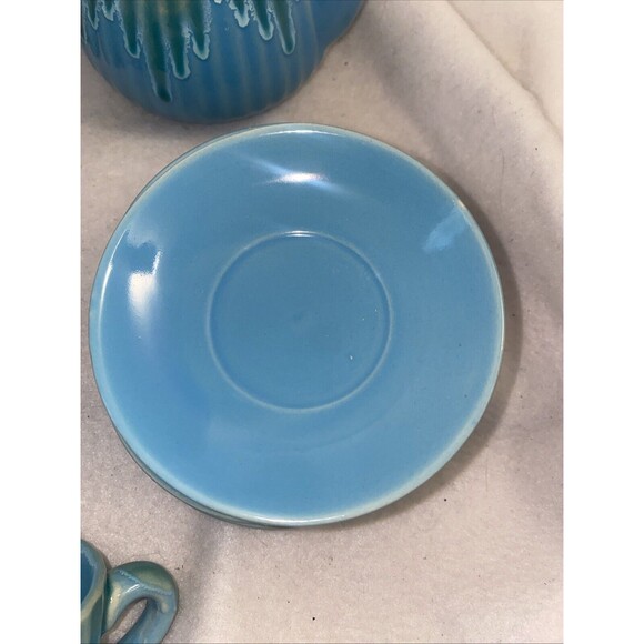 Hand Painted Pottery Tea Set Sicily Italy 6 Cups Teapot Plates Blue Ceramic - Picture 3 of 9